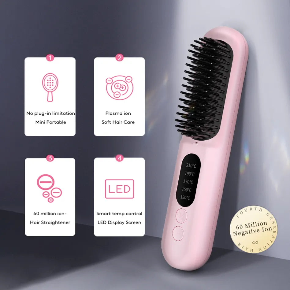 Hair Straightener & Comb – Rechargeable Ionic Iron for Smooth, Frizz-Free Hair On-the-Go (TRAVEL-FRIENDLY)