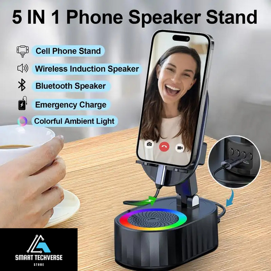 5-in-1 Cell Phone Stand Holder with Bluetooth/Induction Speaker, Atmosphere Light/Power Bank